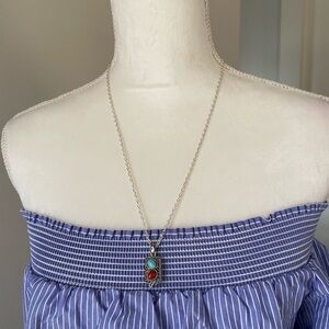Turquoise & Coral Stone Silver Pendant Necklace.